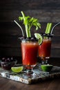 Refreshing Caesar cocktails, ready for drinking, against a dark background. Royalty Free Stock Photo
