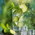 Refreshing carbonated drink in a glass, with lime, mint and slices of fresh cucumber, on a background of greens, water splashes Royalty Free Stock Photo
