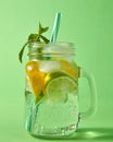 Refreshing carbonated homemade drink with natural ingredients - citrus fruits, ice cubes, green mint, colored plastic