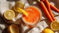 Refreshing carrot and lemon juice with salt rim in sunlit setting Royalty Free Stock Photo