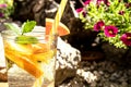 A refreshing champagne-based cocktail with fruits orange, lime and mint in a glass is standing outdoors in the garden. Royalty Free Stock Photo