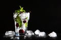 Refreshing cherry drink with ice. Seasonal lemonade. Photo on a black background. Copy of the space Royalty Free Stock Photo