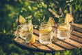 Refreshing chilled lemon water on the garden table.