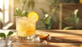 Refreshing citrus cocktail with mint leaf on wooden table