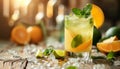 Refreshing citrus cocktail with mint leaf on wooden table