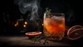 A refreshing citrus cocktail on a rustic wooden table at night generated by AI Royalty Free Stock Photo
