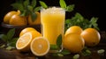 Refreshing Citrus Delight: Oranges and Iced Orange Juice on Wooden Table