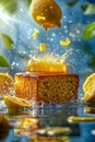 Refreshing Citrus Lemon Drizzle Cake Splashed with Honey on a Sparkling Blue Background with Sunlight