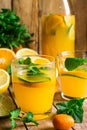 Refreshing citrus lemonade with fresh mint, glasses, bottle, cut fruits on wood kitchen table