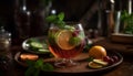 A refreshing citrus mojito cocktail on a rustic wooden table generated by AI
