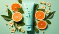 Refreshing Citrus Skincare Cosmetic Tube with Natural Orange Slices and Green Leaves on a Soft Aqua Background for Beauty Concept