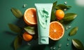 Refreshing Citrus Skincare Cosmetic Tube with Natural Orange Slices and Green Leaves on a Soft Aqua Background for Beauty Concept