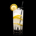 Refreshing classic Tom Collins or Whiskey sour cocktail with a maraschino cherry and lemon slice on black background Royalty Free Stock Photo