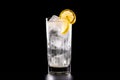 Refreshing classic Tom Collins or Whiskey sour cocktail with a maraschino cherry and lemon slice on black background Royalty Free Stock Photo