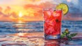 Refreshing cocktail by the beach at sunset - generative ai Royalty Free Stock Photo