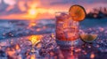 Refreshing cocktail on the beach at sunset - generative ai Royalty Free Stock Photo