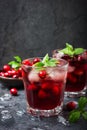 Refreshing cocktail with cranberry and ice, selective focus