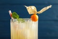 Refreshing cocktail decorated with physalis fruit on blue background, closeup Royalty Free Stock Photo