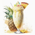 Refreshing Cocktail Pina Colada Watercolor Clipart, Isolated on White Background - Generative AI Royalty Free Stock Photo