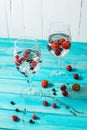 Refreshing cocktail with vodka martini with ice and berries on wood table Royalty Free Stock Photo