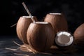 Refreshing Coconut Medley Still Life Featuring Coconut Halves and Nutritious Coconut Milk