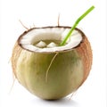 Fresh Coconut Water Drink with Ice and Green Straw, Tropical Refreshment Royalty Free Stock Photo