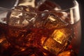 Refreshing Cola Delight A Close-Up View of a Sparkling Cola Drink with Glistening Ice Cubes. created with Generative AI