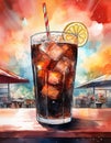 A refreshing cola drink with ice and lemon on a bar counter with a vibrant city background