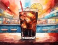 A refreshing cola drink with ice and lemon on a bar counter with a vibrant city background
