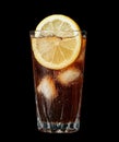 Refreshing cola drink with lemon slice and ice cubes.