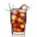 Refreshing cola glass with ice cubes dropping, isolated on white, Ai Generated Royalty Free Stock Photo