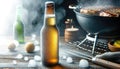 Chilled Beer Bottle and Barbecue Grill, AI Generated