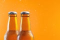 Refreshing cold beer bottles with droplets against an orange background, AI Generative Royalty Free Stock Photo