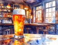 Refreshing Cold Beer in Cozy Pub Setting with Wooden Interior and Sunlight Royalty Free Stock Photo