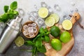 Refreshing cold summer Mojito cocktail making. Mint, lime, ice ingredients and bar utensils on a stone or concrete table. Royalty Free Stock Photo