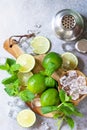 Refreshing cold summer Mojito cocktail making. Mint, lime, ice ingredients and bar utensils on a stone or concrete table. Royalty Free Stock Photo