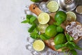 Refreshing cold summer Mojito cocktail making. Mint, lime, ice ingredients and bar utensils on a stone or concrete table. Royalty Free Stock Photo