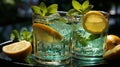 A refreshing cool drink in a glass with a slice of lemon and mint leaves on a glass table. Generative AI