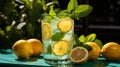 A refreshing cool drink in a glass with a slice of lemon and mint leaves on a glass table. Generative AI