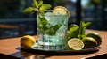 A refreshing cool drink in a glass with a slice of lemon and mint leaves on a glass table. Generative AI