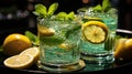 A refreshing cool drink in a glass with a slice of lemon and mint leaves on a glass table. Generative AI