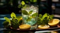 A refreshing cool drink in a glass with a slice of lemon and mint leaves on a glass table. Generative AI