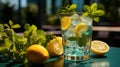 A refreshing cool drink in a glass with a slice of lemon and mint leaves on a glass table. Generative AI