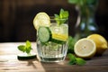 Refreshing cool lemon cucumber and mint infused water, cocktail, lemonade in glass, detox drink. Beverage for cleansing