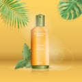 Deep natural cosmetic cream concept. Container packing with palm trees and tropical leaves. On an orange background. 3D