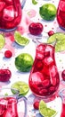 Refreshing Cranberry Limeade Pitchers with Ice and Fresh Fruit Watercolor Pattern Royalty Free Stock Photo