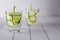 Refreshing cucumber cocktail, lemonade, detox water in a glasses on a white background. Royalty Free Stock Photo