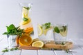 Refreshing cucumber cocktail, lemonade, detox water in a glasses on a white background. Royalty Free Stock Photo