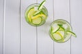 Refreshing cucumber cocktail, lemonade, detox water in a glasses on a white background. Royalty Free Stock Photo