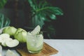 Refreshing delicious of iced guava juice in a glass and sliced guava placed on white marble, houseplant green plant background. Royalty Free Stock Photo